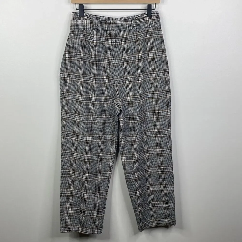 ASTR The Label Plaid Tie Waist Trousers Black Brown High Rise Tapered Pants M